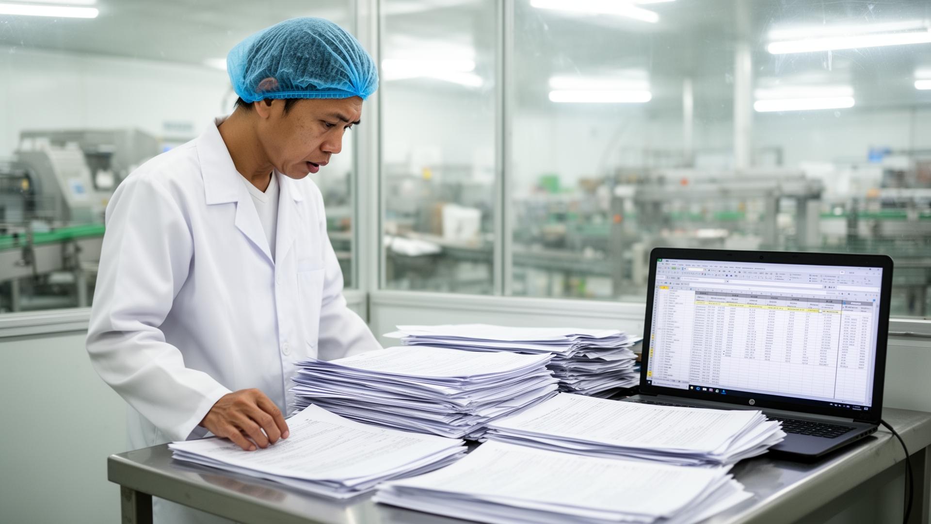 Quality manager reviewing compliance documents at a food manufacturing facility