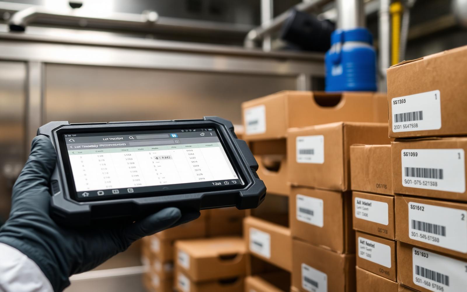 Gloved QA operator holding a tablet showing a lot traceability record beside lot-coded cartons in a factory.