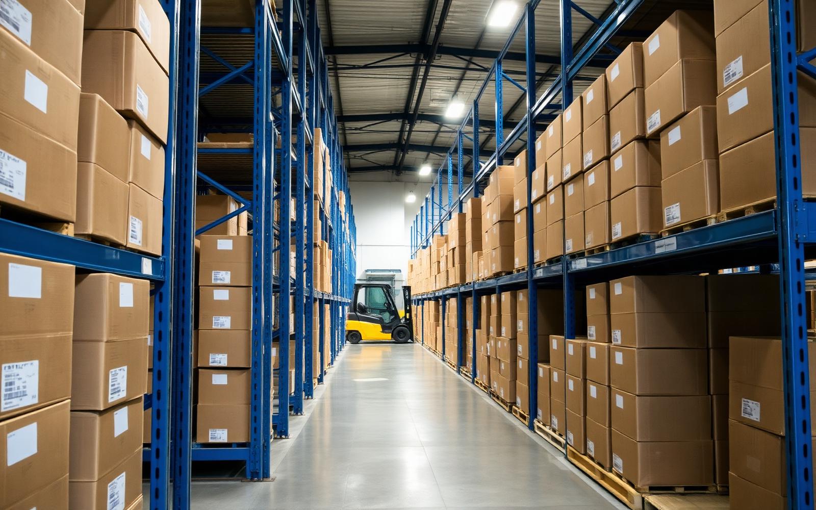 Long warehouse aisle of tall blue pallet racking loaded with labeled cardboard cartons, forklift softly visible.