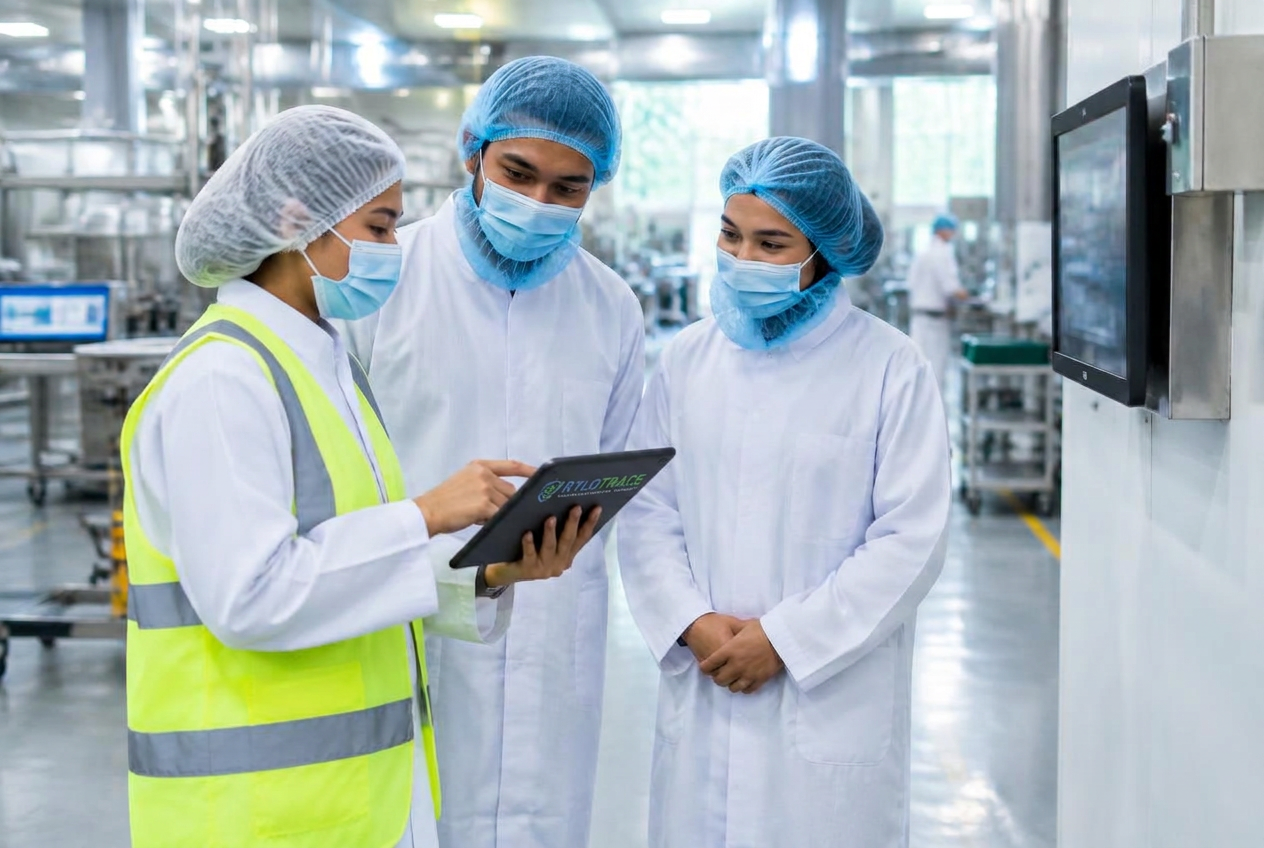 Consultant and food safety staff in full PPE reviewing operations together on a tablet in a factory