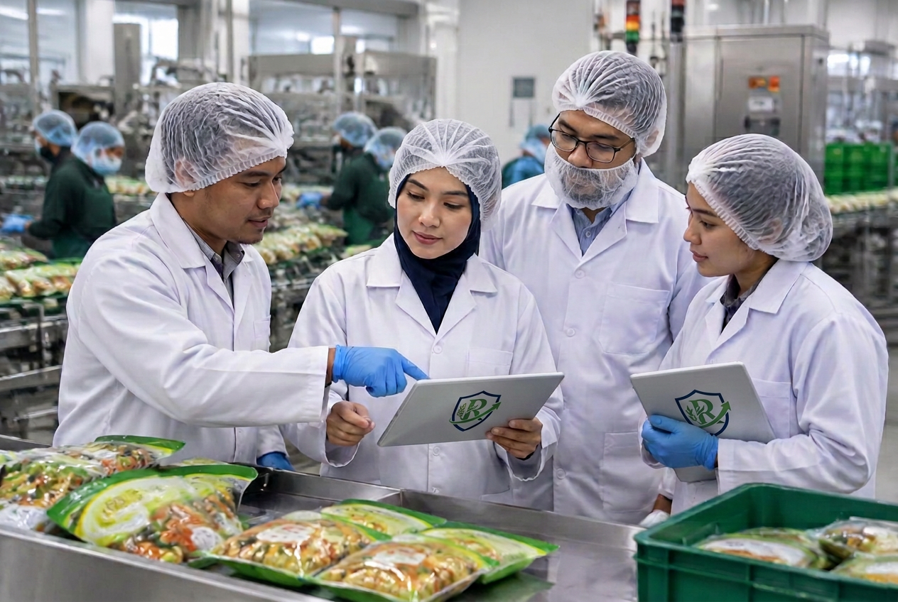 Food safety team reviewing operations on tablets