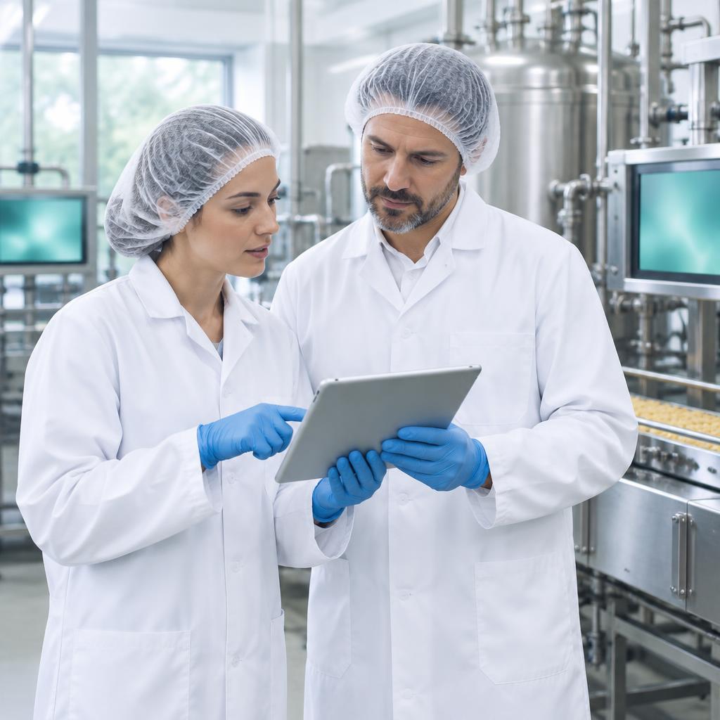 Food manufacturing team reviewing operations on a tablet