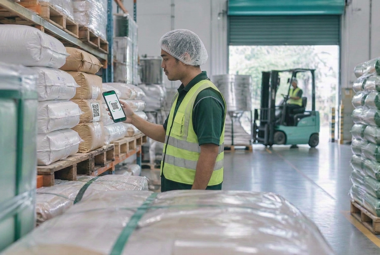 Food warehouse team member checking incoming ingredients